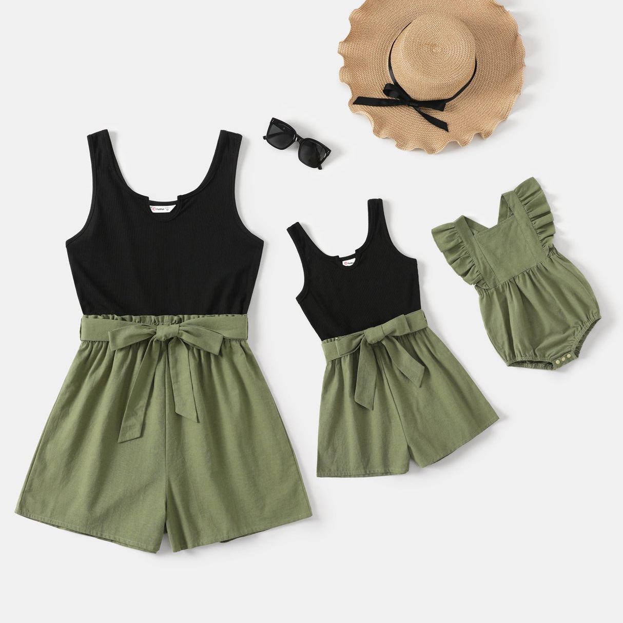 100% Cotton Ribbed and Solid Splicing Sleeveless Belted Romper for Mom and Me - MomYom PK