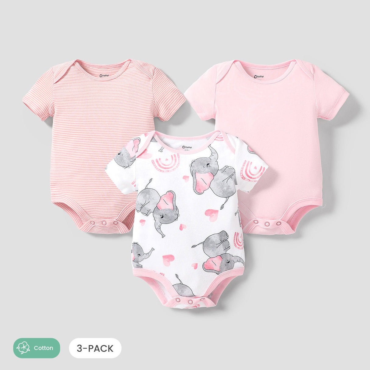 3 - Pack Baby Girl/Boy Elephant Print/Solid Color Short - sleeve Rompers - MomYom PK
