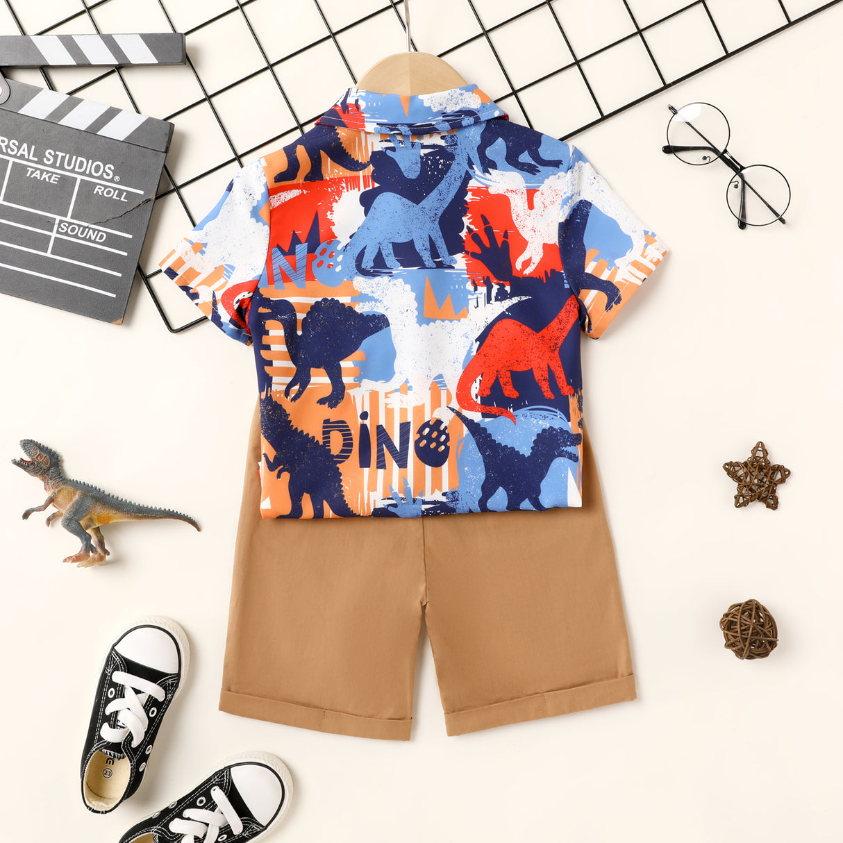 2Pcs Toddler Boy Dinosaur Print Short-sleeve Shirt and Shorts Set