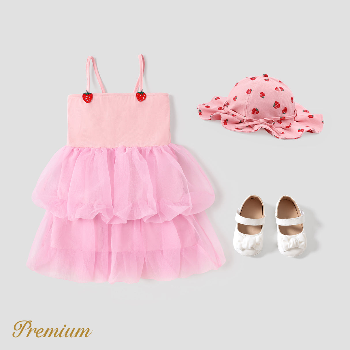 چھوٹی بچی اسٹرابیری گرافک پرتوں والی میش کومبو سلپ ڈریس