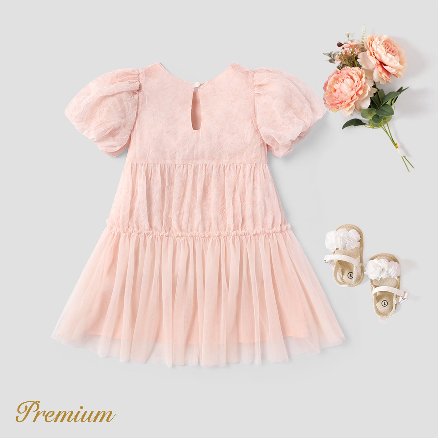 بچی کی لڑکی 100% کاٹن سالڈ ٹیکسچر والا اسپلائس میش پف آستین والا لباس