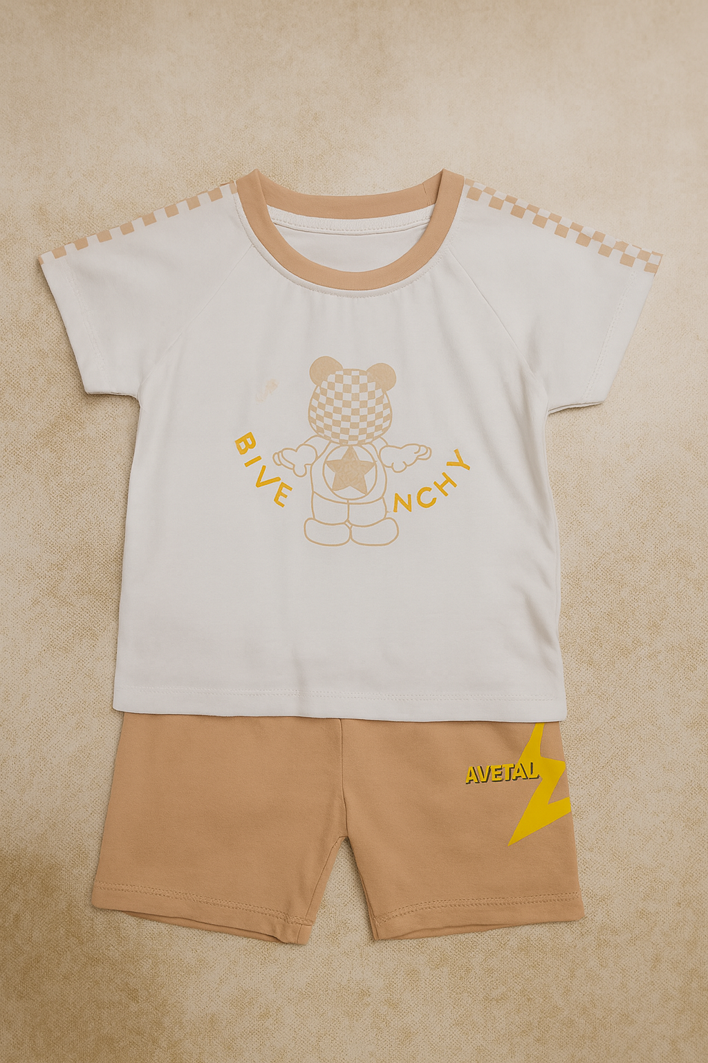 Boys Bear Graphic White T-Shirt & Brown Shorts Set