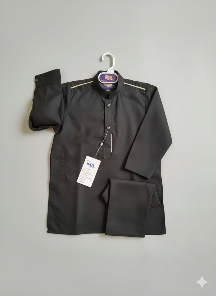 Boys Black Kurta Pajama Set with Golden Piping – Kids Ethnic Wear