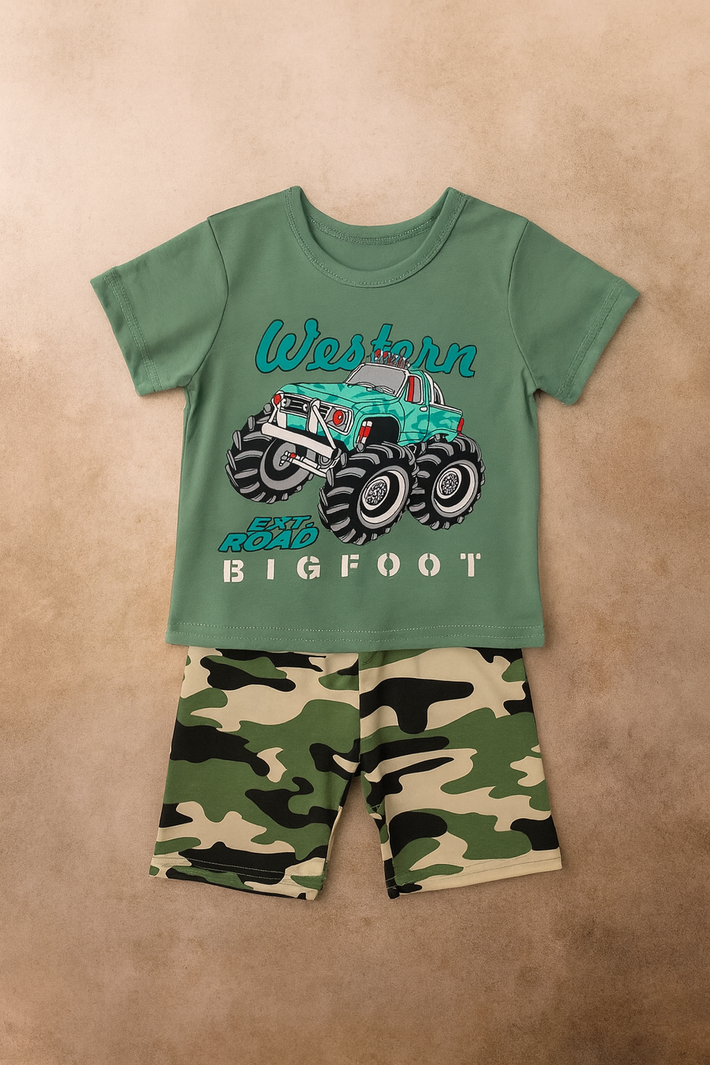 Boys Western Bigfoot Monster Truck T-Shirt & Camo Shorts Set