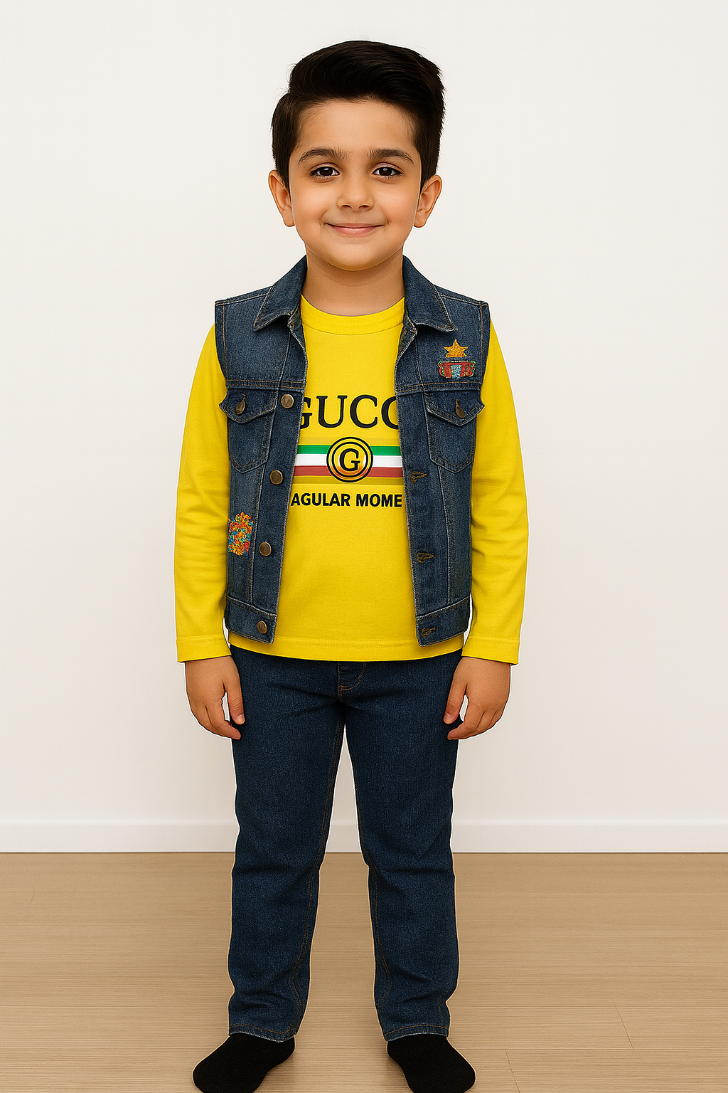 Kids Denim Vest & Jeans Set with “GUCCI Regular Moment” Print Tee