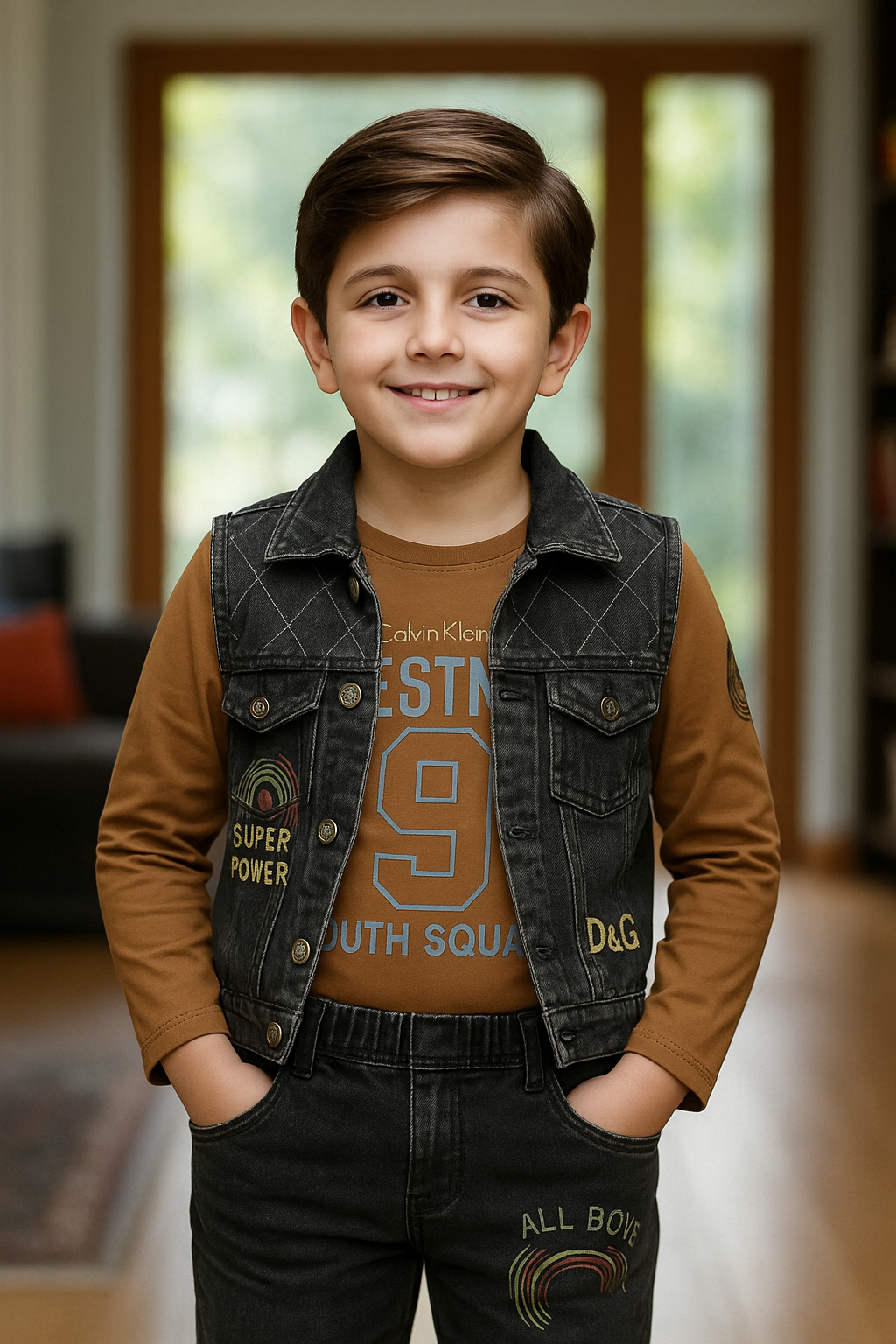 Kids Black Denim Vest & Jogger Set with “All Boys Super Power Youth Squad” Print