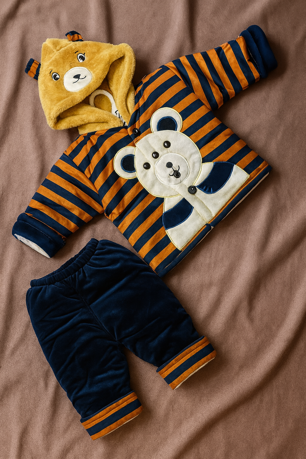 Cute Teddy Bear Striped Winter Wear Set