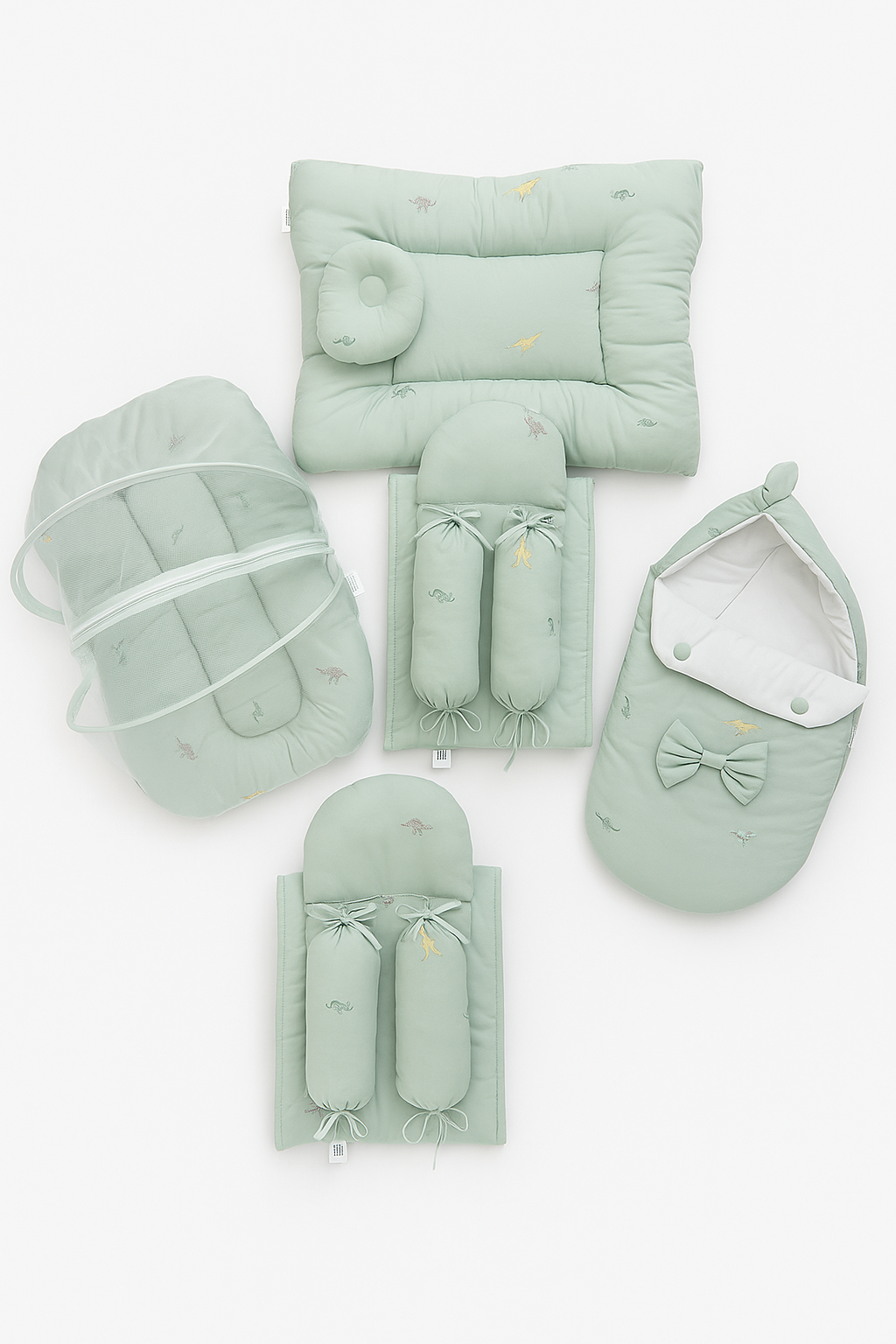 8 Pcs Baby Bedding Set – Cotton Embroidered Green | Comforter, Mosquito Net, Carry Nest & Pillows