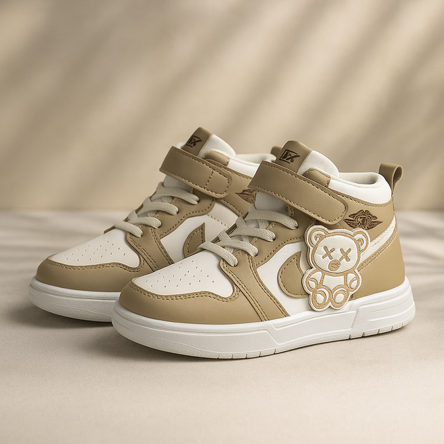 Kids High-Top Sneakers with Cute Bear Patch Stylish Casual Shoes