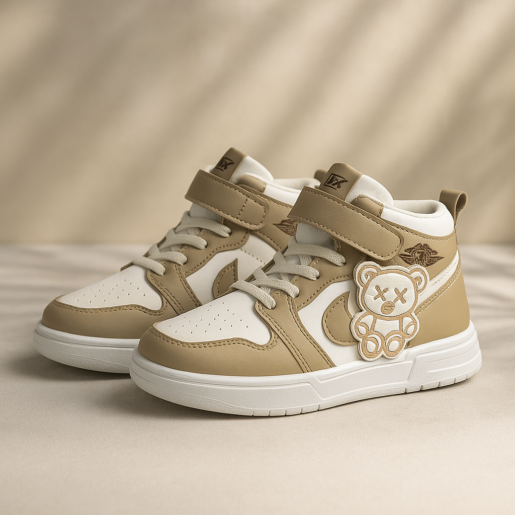 Kids High-Top Sneakers with Cute Bear Patch Stylish Casual Shoes