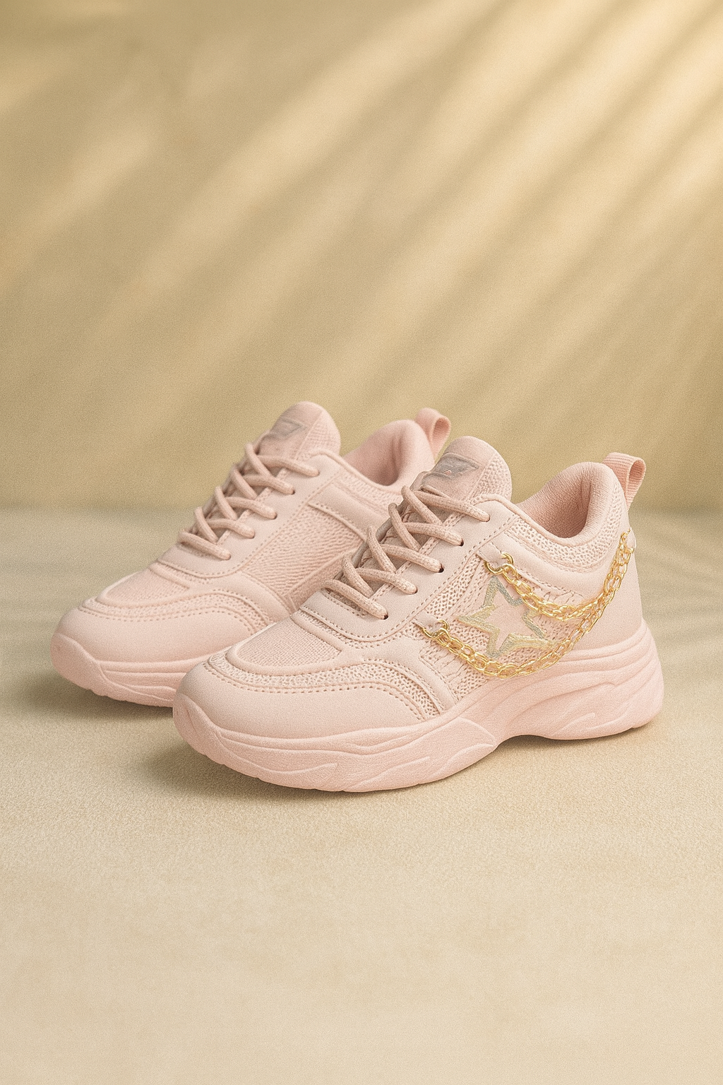 Kids Fashion Sneakers with Star Embroidery & Gold Chain Accent