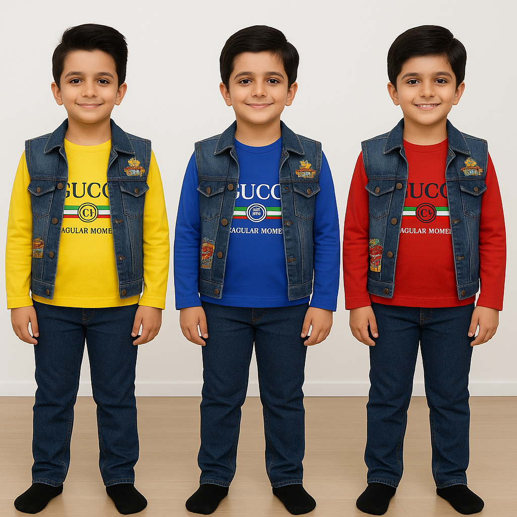 Kids Denim Vest & Jeans Set with “GUCCI Regular Moment” Print Tee