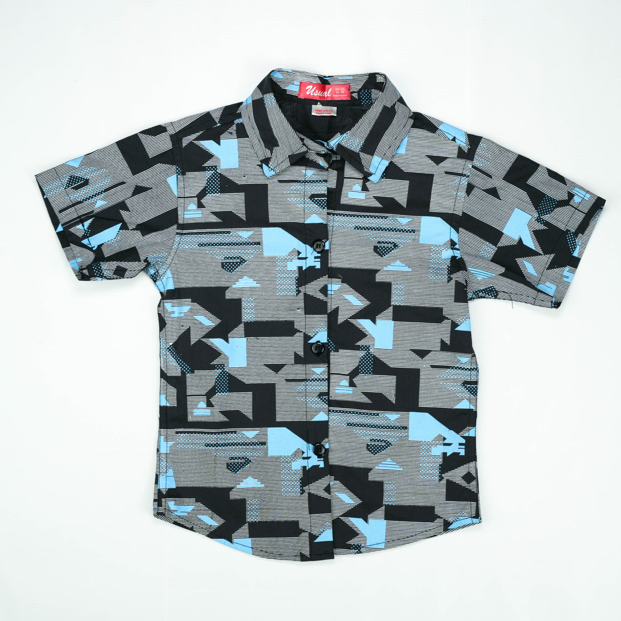 Abstract Blue and Black Geometric Short-Sleeve Shirt