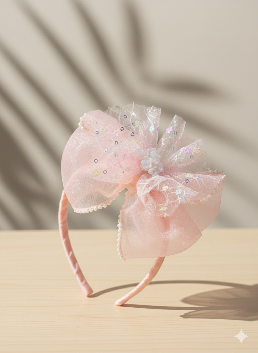 Girls Pink Floral Headband with Pearl & Bow Detailing