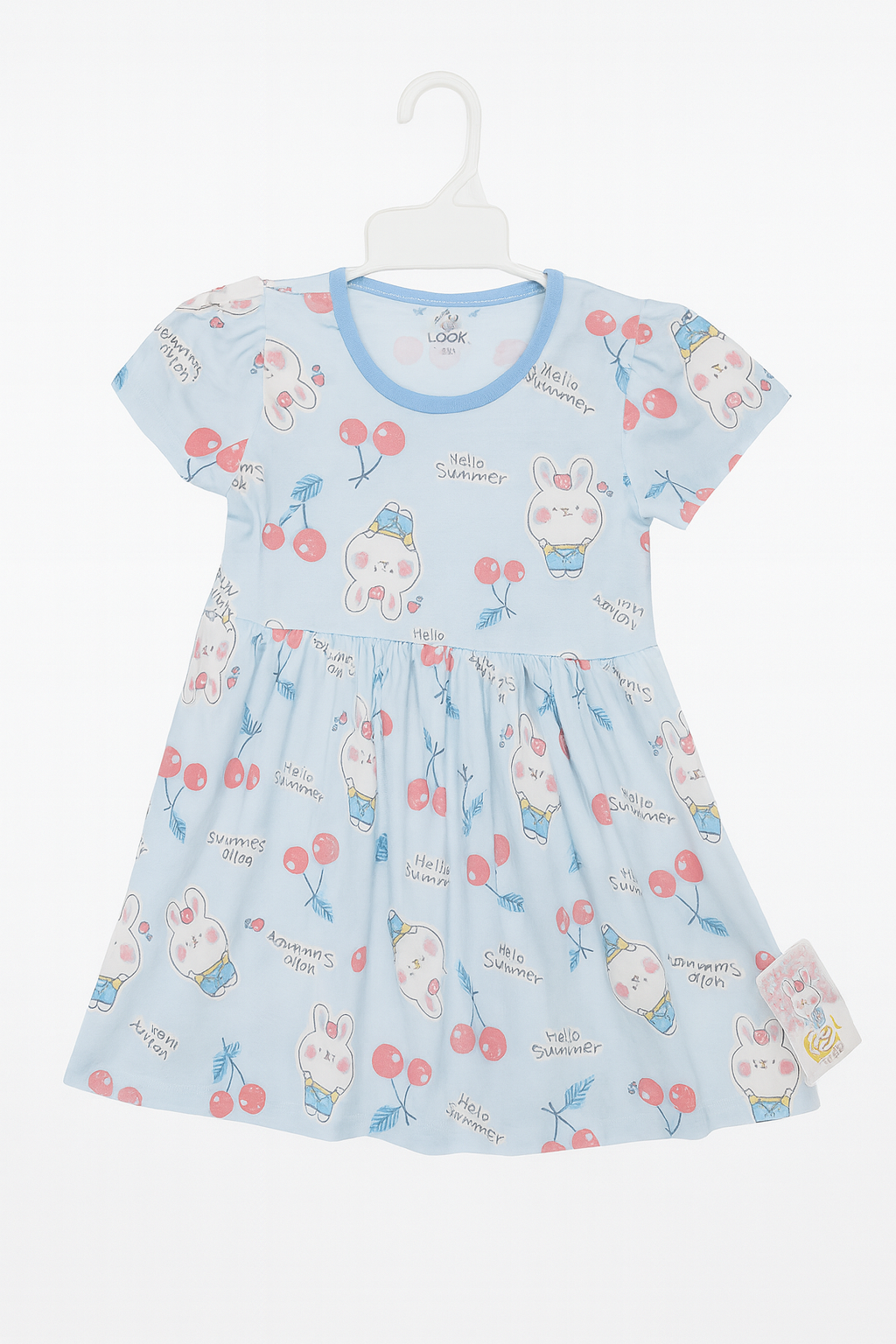 Light Blue "Hello Summer" Bunny Print Girls Dress