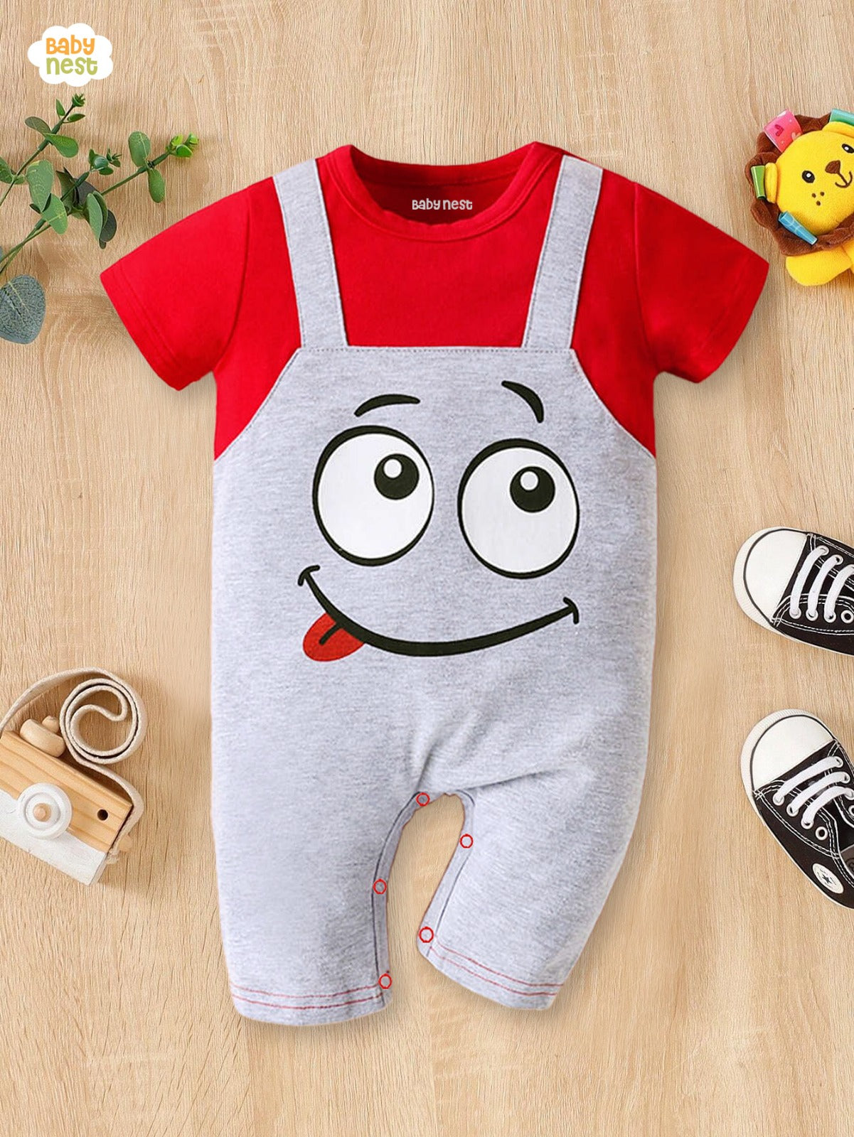 Dungaree Style Graphic Print Half Sleeve Romper Red