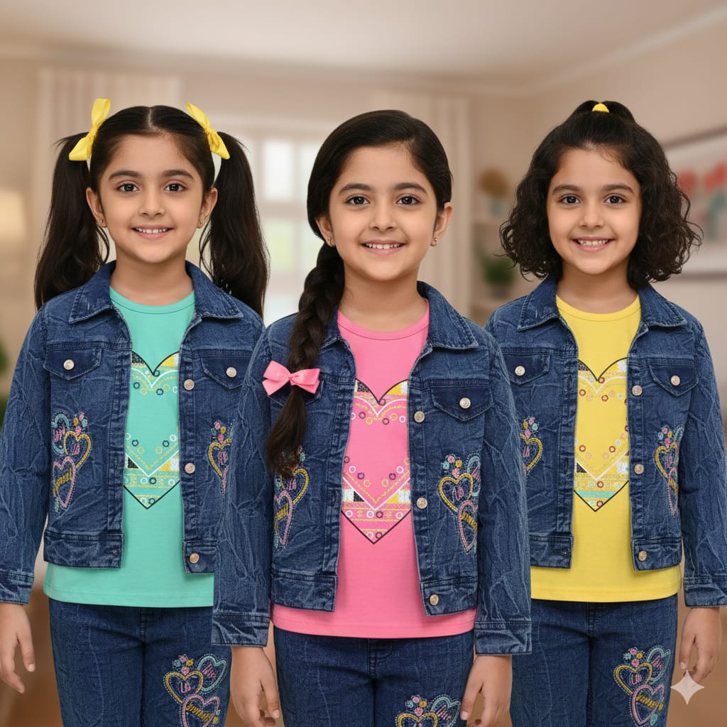 Girls' Heart-Print Denim Jacket and Jeans Set with T-Shirt