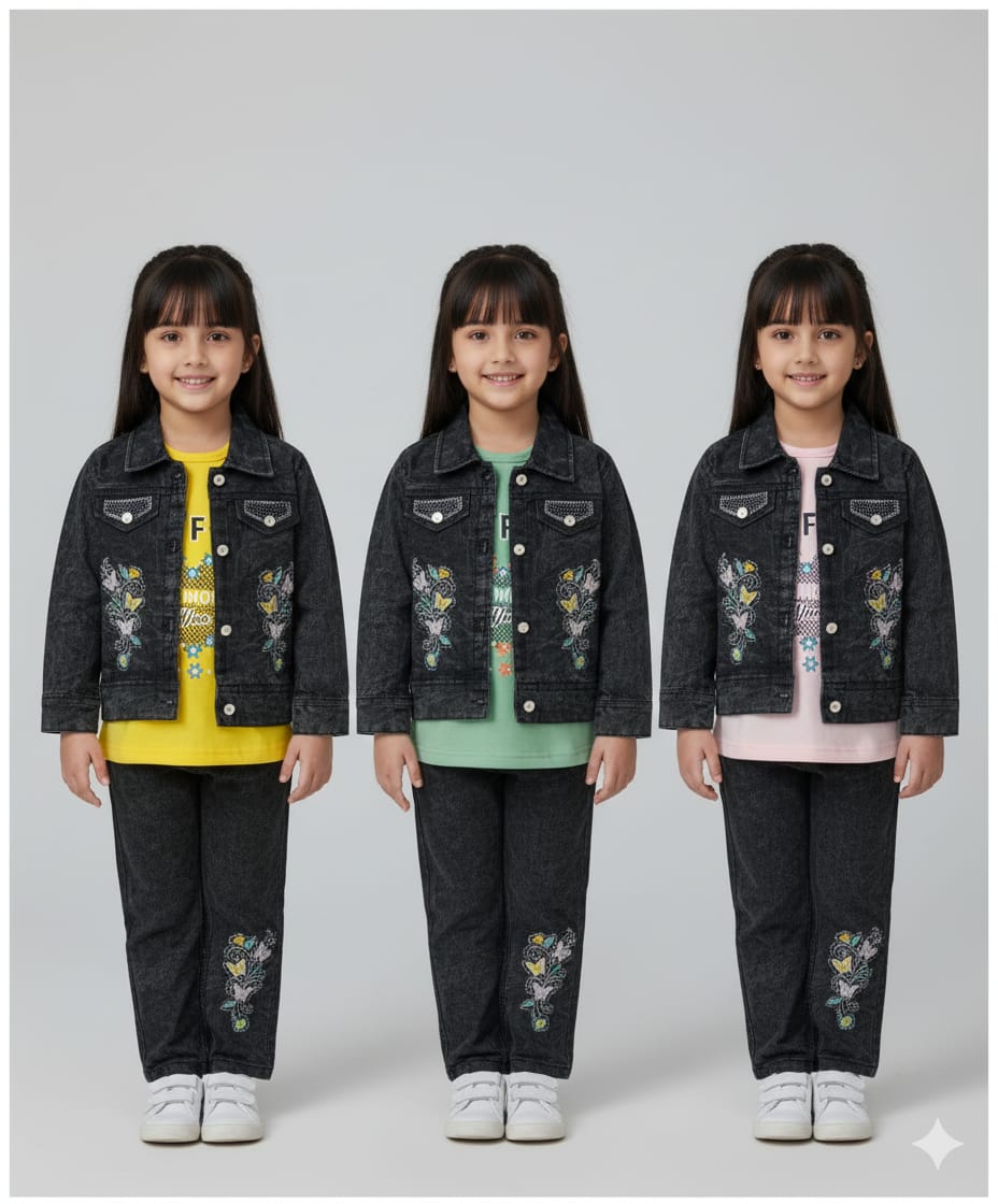 Girls' Floral Embroidered Denim Jacket and Jeans Set with T-Shirt