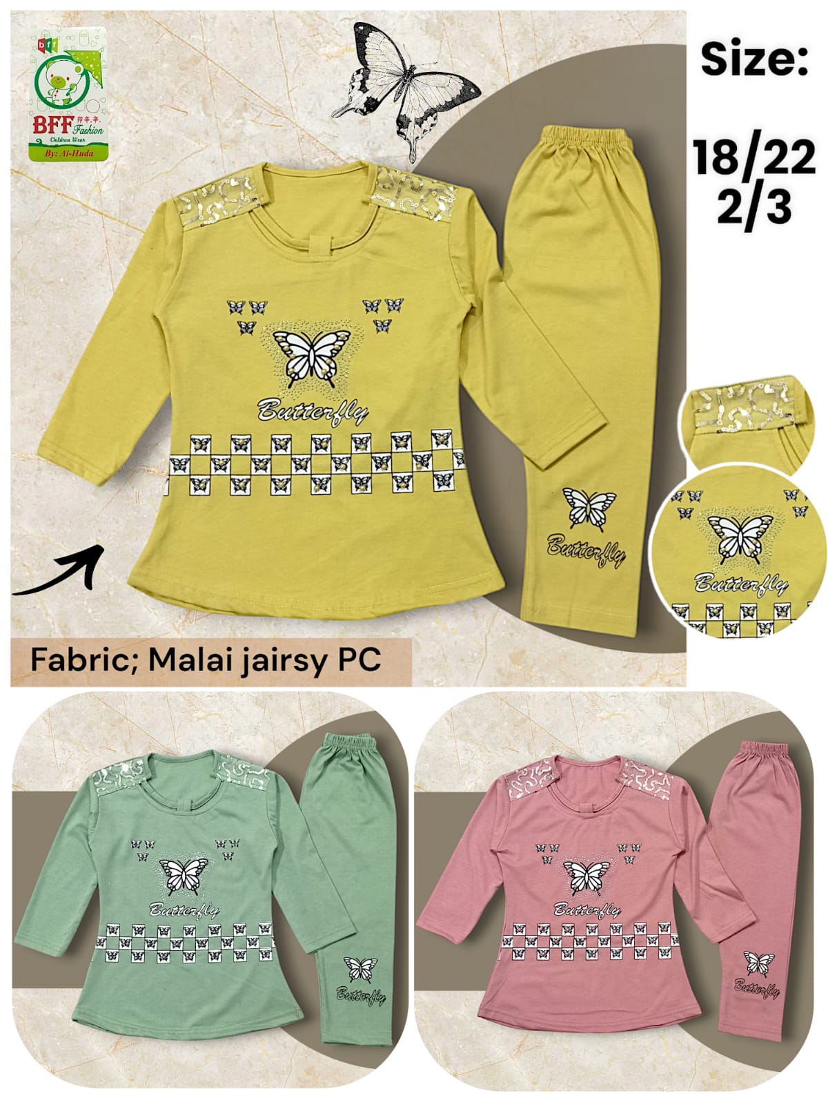 Girls Casual Wear Set with Butterfly Print Top & Bottoms