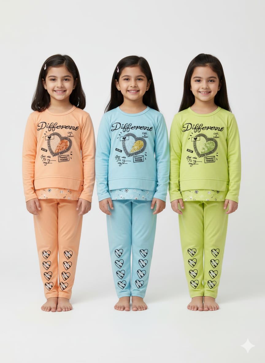 Girls Casual Wear Set with Heart Print Graphic Top