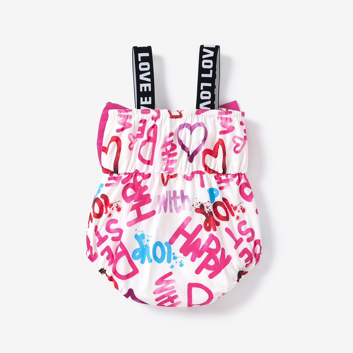 Naia™ بیبی گرل بو فرنٹ آل اوور لیٹر پرنٹ اسٹریپ رومپر