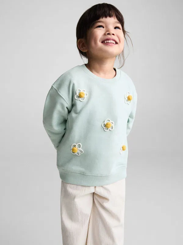 Mango White Flower Embroidered Mint Green Sweatshirt