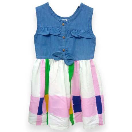 Denim Bodice Bowknot with Multicolor Striped Skirt Dress