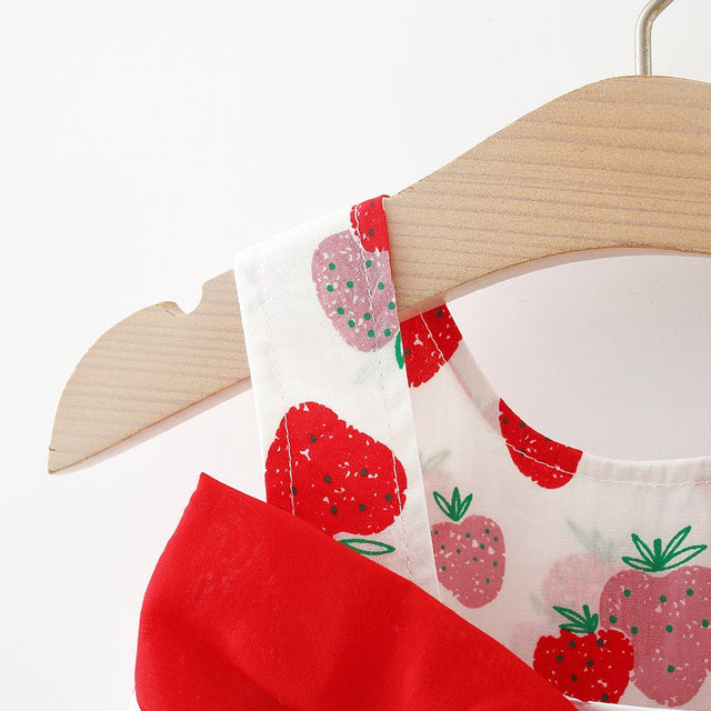 100% Cotton 2pcs Baby Girl All Over Red Strawberry Print Sleeveless Bowknot Dress with Hat Set - MomYom PK