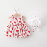 100% Cotton 2pcs Baby Girl All Over Red Strawberry Print Sleeveless Bowknot Dress with Hat Set - MomYom PK