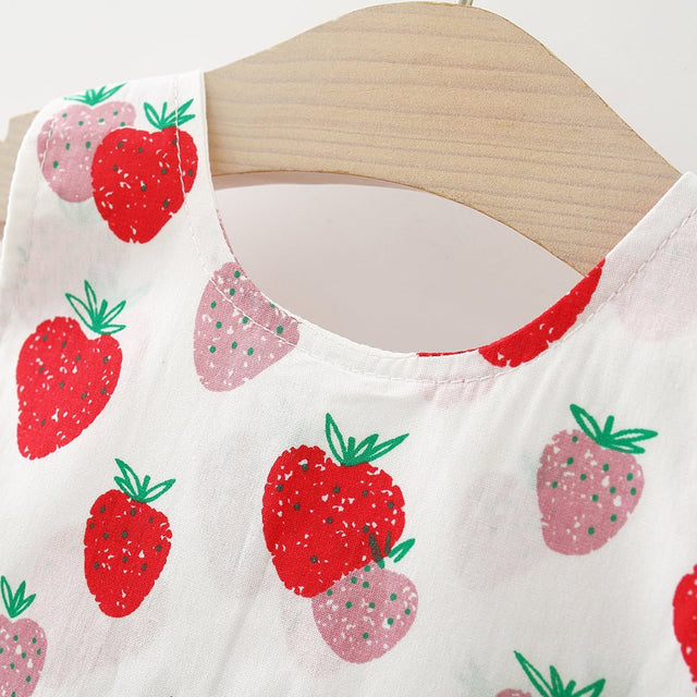 100% Cotton 2pcs Baby Girl All Over Red Strawberry Print Sleeveless Bowknot Dress with Hat Set - MomYom PK