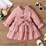 100% Cotton Baby Girl Green Lapel Single Breasted Long - sleeve Layered Ruffle Dress - MomYom PK