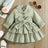 100% Cotton Baby Girl Green Lapel Single Breasted Long - sleeve Layered Ruffle Dress - MomYom PK