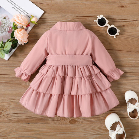 100% Cotton Baby Girl Green Lapel Single Breasted Long - sleeve Layered Ruffle Dress - MomYom PK