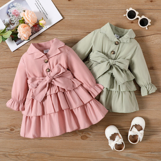 100% Cotton Baby Girl Green Lapel Single Breasted Long - sleeve Layered Ruffle Dress - MomYom PK