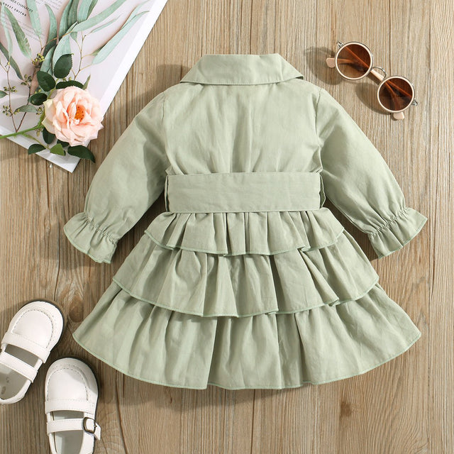 100% Cotton Baby Girl Green Lapel Single Breasted Long - sleeve Layered Ruffle Dress - MomYom PK