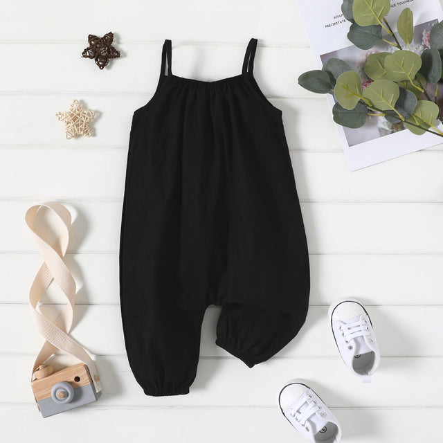 100% Cotton Baby Girl Loose - fit Solid Sleeveless Spaghetti Strap Harem Pants Overalls - MomYom PK