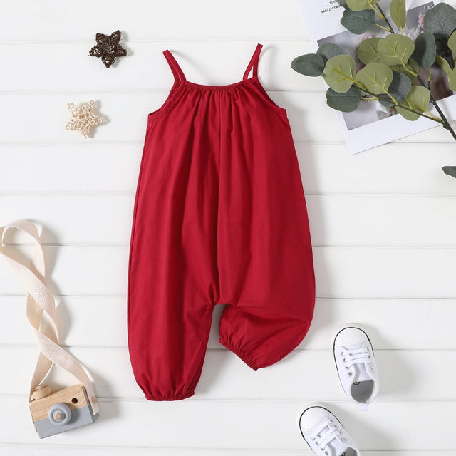 100% Cotton Baby Girl Loose - fit Solid Sleeveless Spaghetti Strap Harem Pants Overalls - MomYom PK