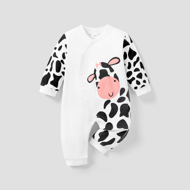 100% Cotton Cow Print Long - sleeve White Baby Jumpsuit - MomYom PK