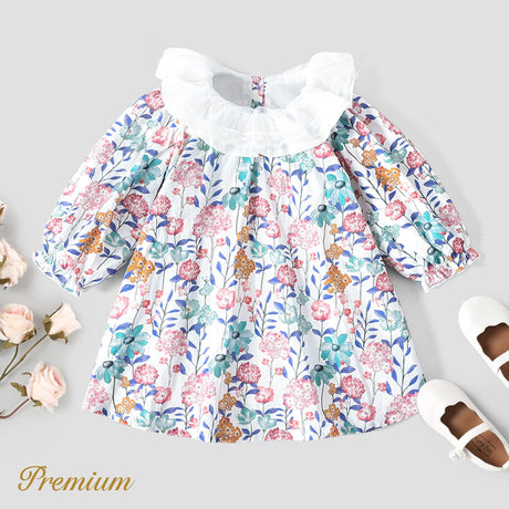 100% Cotton Medium Thickness Long Sleeves Elegant Baby Girl Dress with Puff Sleeves and Floral Pattern - MomYom PK