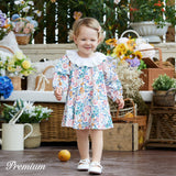 100% Cotton Medium Thickness Long Sleeves Elegant Baby Girl Dress with Puff Sleeves and Floral Pattern - MomYom PK