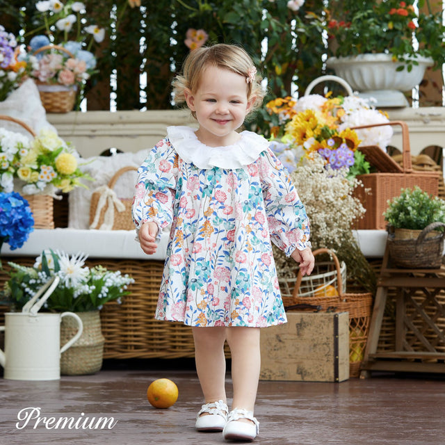 100% Cotton Medium Thickness Long Sleeves Elegant Baby Girl Dress with Puff Sleeves and Floral Pattern - MomYom PK