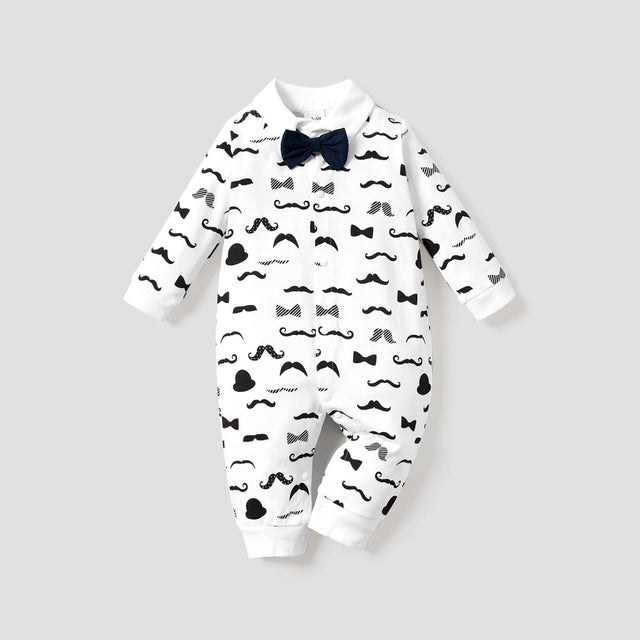 100% Cotton Moustache Pattern Bow Tie Decor Long - sleeve Baby Jumpsuit - MomYom PK