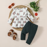 2pcs Baby Girl Allover Rainbow Print Ruffle Long-sleeve Top and Ribbed Solid Pants Set