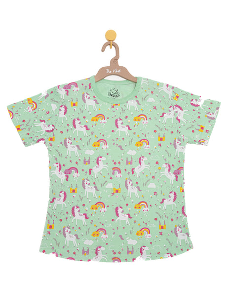 Generic Night Suit (Crew Neck) - S/Sleeve - 45s PC Interlock - Green Ash - UniCorn Print