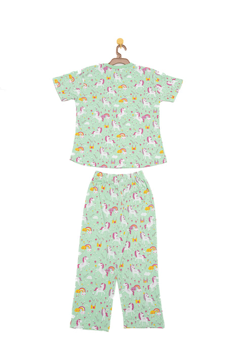 Generic Night Suit (Crew Neck) - S/Sleeve - 45s PC Interlock - Green Ash - UniCorn Print