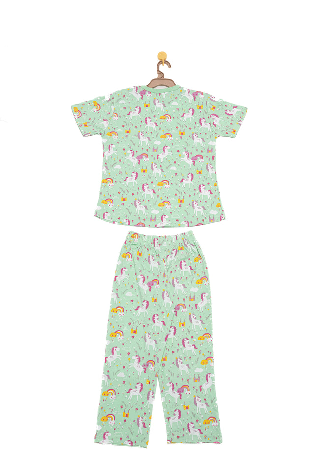 Generic Night Suit (Crew Neck) - S/Sleeve - 45s PC Interlock - Green Ash - UniCorn Print