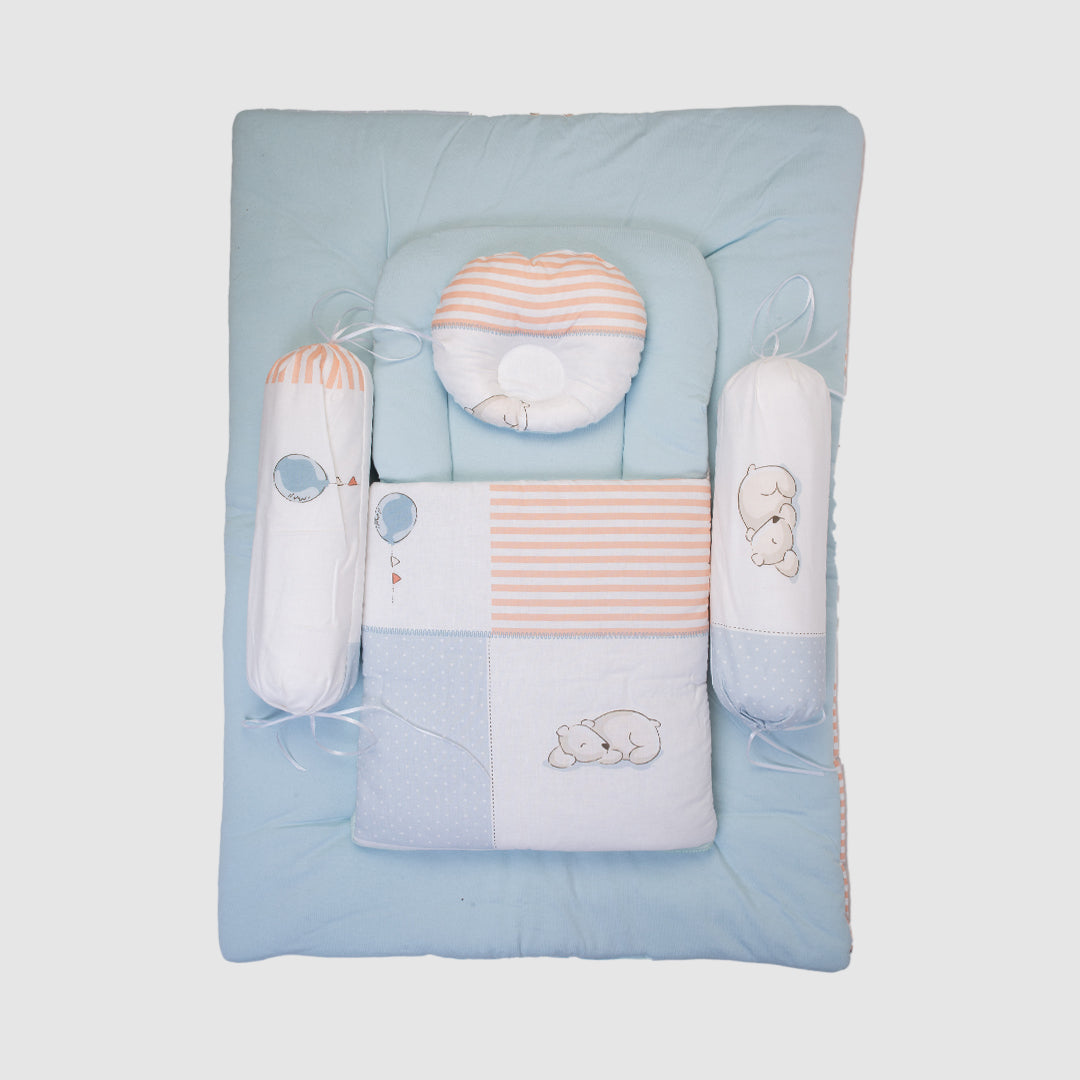 Baby Bedding Set - Blue with Striped Teddy Bear Theme