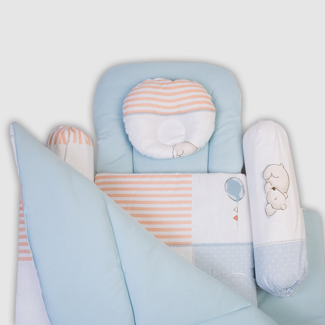 Baby Bedding Set - Blue with Striped Teddy Bear Theme