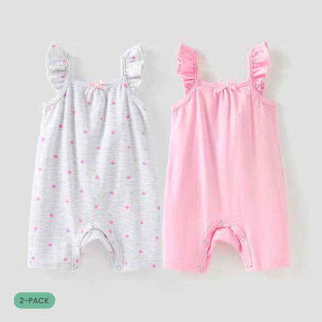 2 - Pack Baby Girl Heart - shaped/Solid Print Ruffled Rompers - MomYom PK