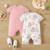 2 - Pack Naia Baby Girl Cotton Elephant Print/Pink Zipper Design Short - sleeve Rompers - MomYom PK